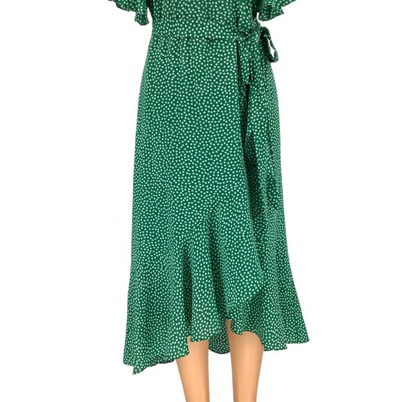 Max Studio Midi Wrap Dress Large With Ruffle Sleeves & Tie Waist Green Polka Dot - Picture 3 of 7